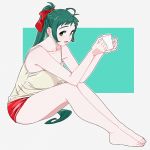  barefoot camisole casual cup full_body green_background green_eyes green_hair grey_background irako_(kantai_collection) kantai_collection long_hair looking_at_viewer mug ojipon ponytail rectangle red_shorts short_shorts shorts sitting sleeveless solo spaghetti_strap two-tone_background 