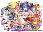  :d animal_ears argyle bandaged_leg bandages bat blue_hair blush bow breasts candy cape cat_ears checkerboard_cookie chocolate_bar chocolate_chip_cookie cookie copyright_name doughnut drum drumsticks fantasy flute food food_themed_hair_ornament full_moon ghost gloves hair_ornament hakuda_tofu halloween halloween_basket hat instrument jack-o'-lantern jack-o'-lantern_hair_ornament jam_cookie jelly_bean knee_up kneehighs konpeitou lollipop long_hair medium_breasts monster_girl monster_master_x moon navel official_art open_mouth outstretched_arm paw_gloves paws pumpkin_hair_ornament purple_eyes red_bow sarashi single_kneehigh skirt smile solo sparkle star swirl_lollipop twintails wrapped_candy 
