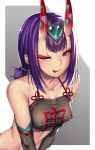  :p bangs blush breasts closed_mouth collarbone commentary_request covered_nipples elbow_gloves eyebrows_visible_through_hair fate/grand_order fate_(series) gloves hair_between_eyes hair_ornament hairband heart heart_print highres jewelry looking_at_viewer one_eye_closed oni_horns purple_eyes purple_hair short_hair shuten_douji_(fate/grand_order) shuten_douji_(halloween)_(fate) simple_background small_breasts smile solo standing takanashi-a tongue tongue_out white_background 