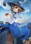  bangs black_hat black_legwear blue_bow blue_sailor_collar blue_skirt blue_sky blush bow brown_eyes brown_hair day eyebrows_visible_through_hair feet_out_of_frame hair_between_eyes hand_up hat hat_bow holding holding_photo juliet_sleeves long_sleeves looking_at_viewer natsuki_(ukiwakudasai) outdoors pantyhose photo_(object) puffy_sleeves sailor_collar shirt short_hair skirt sky smile solo thighs touhou usami_renko white_shirt 