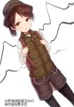  :&lt; alternate_costume backpack bag bangs black_legwear blush brown_eyes brown_hair brown_hat brown_shorts brown_vest eyebrows_visible_through_hair hat highres holding kantai_collection long_sleeves looking_at_viewer minarai_shachou pantyhose parted_lips shikinami_(kantai_collection) shirt short_shorts shorts solo translation_request triangle_mouth vest white_background white_shirt 
