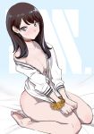  barefoot black_hair blue_eyes blush breasts cardigan choker closed_mouth collarbone commentary_request dytm long_hair looking_at_viewer medium_breasts naked_cardigan seiza sitting solo ssss.gridman takarada_rikka thighs 