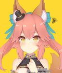  absurdres animal_ear_fluff animal_ears closed_eyes eyebrows_visible_through_hair fate/extra fate/grand_order fate_(series) fox_ears fox_girl frown green_ribbon hair_ornament hand_on_own_chest hat highres looking_at_viewer mini_hat mini_top_hat pink_hair rachione ribbon simple_background solo tamamo_(fate)_(all) tamamo_no_mae_(fate) top_hat yellow_background yellow_eyes 