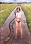  1girl anaconda black_hair blush buruma calendar giant_snake monster original outside river shoes shorts snake sneakers standing tagme tsukasa_jun water 