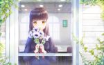  anemone_(flower) bangs blue_shirt blurry blurry_background blush brown_eyes brown_hair chair closed_mouth commentary day depth_of_field english_commentary flower from_outside holding holding_flower long_hair long_sleeves lunacle original red_neckwear sailor_collar school_uniform serafuku shirt smile solo sunlight table upper_body very_long_hair white_sailor_collar window 