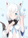  ;3 absurdres ahoge animal_ear_fluff animal_ears arm_up bangs bare_shoulders blue_background blue_eyes blue_neckwear blush closed_mouth commentary_request detached_sleeves ear_piercing eyebrows_visible_through_hair fang fang_out fingernails fox_ears fox_girl fox_tail hair_between_eyes highres hololive liang_feng_qui_ye navel neckerchief one_eye_closed piercing shirakami_fubuki shirt short_sleeves signature silver_hair sleeveless sleeveless_shirt solo tail tail_raised upper_body virtual_youtuber white_shirt white_sleeves wide_sleeves 