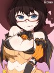  absurdres black_hair blue_eyes breast_grab breasts cleavage girls_und_panzer glasses grabbing halloween hat highres large_breasts looking_at_viewer midriff navel oryou_(girls_und_panzer) pink_background shiroobi_(whitebeltmaster) short_hair simple_background solo sweat tongue 