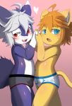  4_fingers anthro blue_eyes blush briefs canine cat claws clothing cub cute_fangs feline fur hand_holding male mammal navel open_mouth purple_fur red_eyes ririmaru simple_background underwear young 