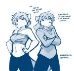 2018 ambiguous_gender anthro breasts canine chest_tuft chest_wraps cleavage clothed clothing crossed_arms crossgender dialogue duo english_text female hands_on_hips hi_res keidran looking_aside mammal midriff monochrome natani sibling simple_background sketch smile text tom_fischbach tuft twokinds webcomic white_background wolf wraps zen_(twokinds) 