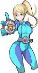  1girl aqua_eyes blonde_hair blue_bodysuit bodysuit breasts closed_mouth cropped_legs enpe eyebrows_visible_through_hair highres holding kamen_rider kamen_rider_zi-o_(series) large_breasts legs_apart long_hair looking_at_viewer metroid mole mole_under_mouth nintendo ponytail rider_belt samus_aran simple_background smile solo varia_suit white_background zero_suit 