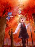  araki_(qbthgry) autumn autumn_leaves black_dress black_legwear blonde_hair blue_bow blue_dress blue_eyes blue_hair bow cirno collared_shirt commentary_request crossed_arms dated dress fang flying forest hair_between_eyes hair_bow hair_ribbon hand_up ice ice_wings long_sleeves multiple_girls nature necktie outdoors red_eyes red_neckwear red_ribbon ribbon rumia shirt short_dress short_hair smile standing thighhighs touhou tree white_shirt wing_collar wings 