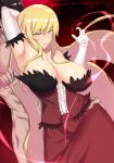  1girl araragi_koyomi arm_up armpits aster_crowley bakemonogatari bare_shoulders blonde_hair breasts eclipse elbow_gloves glint gloves hetero highres huge_breasts kiss-shot_acerola-orion_heart-under-blade kizumonogatari long_hair looking_at_viewer monogatari_(series) nude pointy_ears smile solo_focus very_long_hair white_gloves yellow_eyes 