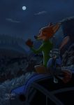  2018 absurd_res anthro black_nose canine clothed clothing cloud detailed_background disney duo eyes_closed female fox fur grass hi_res judy_hopps lagomorph long_ears male mammal moon nick_wilde night outside qalcove rabbit tree vehicle zootopia 
