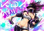  abs akali asymmetrical_clothes bandeau bangle baseball_cap belt belt_buckle black_choker bracelet breasts brown_hair buckle character_name choker cleavage covered_mouth cropped_jacket eyeliner face_mask fingerless_gloves gloves graffiti hat heart highres idol jazzjack jewelry k/da_(league_of_legends) k/da_akali league_of_legends looking_at_viewer makeup mask medium_breasts medium_hair navel necklace off_shoulder puffer_jacket purple_eyes signature single_glove single_pantsleg sleeves_pushed_up slender_waist solo spray_can toned 