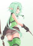  :d ass asymmetrical_sleeves bare_shoulders black_bow black_gloves blush bow bow_(weapon) brown_shorts elf eyebrows_visible_through_hair from_behind gloves goblin_slayer! green_eyes green_hair hair_bow half-closed_eyes high_elf_archer_(goblin_slayer!) highres hip_vent long_hair looking_at_viewer looking_back low_ponytail newmori open_mouth pointy_ears short_shorts shorts sidelocks single_sleeve sleeveless smile solo weapon 