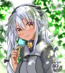  1girl bangs bite_mark blush breasts brown_eyes closed_mouth commentary_request dappled_sunlight dark_skin dated day fingernails forehead glasses grey-framed_eyewear hair_between_eyes hand_up holding ice_cream_bar kantai_collection large_breasts licking_lips long_hair long_sleeves looking_at_viewer musashi_(kantai_collection) outdoors rectangular_eyewear remodel_(kantai_collection) semi-rimless_eyewear signature smile solo sunlight tongue tongue_out tree upper_body white_hair 