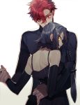  1girl arm_around_waist baccano! bare_shoulders black_gloves black_hair chane_laforet claire_stanfield couple dress gloves hair_between_eyes holding holding_knife honey_dogs knife looking_back red_eyes red_hair short_hair simple_background weapon white_background yellow_eyes 