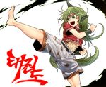  abs animal_ears attack barefoot belt clenched_hands cloud_print collared_shirt commentary_request facepaint fangs fingernails green_eyes green_hair green_nails horn kariyushi_shirt kicking komano_aun leg_up long_hair looking_to_the_side midriff_peek motion_blur nail_polish navel open_mouth red_shirt ryuuichi_(f_dragon) sharp_fingernails shirt short_sleeves shorts smile solo spread_legs stomach stomach_tattoo tail tattoo toenail_polish toenails toes toned touhou v-shaped_eyebrows white_shorts wrist_cuffs 