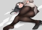  ass black_hair blush commentary_request crotch_seam doushimasho feet grey_jacket grey_skirt high_heels hips jacket lanyard legs long_hair looking_at_viewer lying miniskirt office_lady on_side one_eye_closed open_mouth original panties panties_under_pantyhose pantyhose red_eyes shoes single_shoe skirt solo thighband_pantyhose thighs underwear 