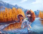  2018 autumn_blaze_(mlp) equine female feral forest friendship_is_magic green_scales hair kirin landscape mammal mountain my_little_pony nature nemo2d outside scales scalie sky smile solo tree water 