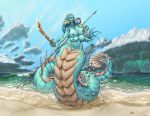  beach big_breasts breasts female long_tongue melee_weapon multi_breast naga nipple_piercing nipples nude piercing plasmidhentai polearm pussy reptile scalie seaside snake solo sword tongue trident weapon 