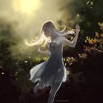  barefoot commentary dancing dress english_commentary leaf long_hair nature original outdoors profile solo standing watermark web_address wenqing_yan white_dress white_hair wind 