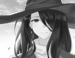  azuuru fran_(majo_no_tabitabi) greyscale hair_over_one_eye hat highres long_hair looking_at_viewer majo_no_tabitabi mole mole_under_eye monochrome novel_illustration official_art portrait smile solo witch_hat 