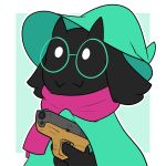  2018 bran-draws-things caprine deltarune eyewear fangs glasses goat gun hat male mammal ralsei ranged_weapon scarf simple_background solo video_games weapon 