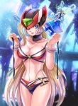  android bikini blonde_hair blue_eyes bracelet breasts cleavage collarbone commentary_request cowboy_shot cyber_elves genderswap genderswap_(mtf) gloves green_eyes helmet highres jewelry kiwakiwa large_breasts long_hair multicolored multicolored_bikini multicolored_clothes open_mouth parted_lips rock rockman rockman_zero solo_focus swimsuit untied untied_bikini very_long_hair x_(rockman) zero_(rockman) 