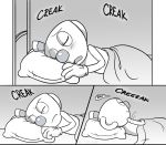  animate_inanimate bed clothing comic cup cuphead_(game) eyes_closed gloves greyscale humanoid lying male monochrome mugman not_furry object_head on_bed on_side onomatopoeia pillow sleeping solo sound_effects speech_bubble text toxic-boner under_covers video_games 