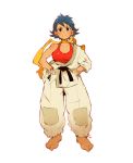  andrea_cofrancesco baggy_clothes baggy_pants barefoot black_hair blush_stickers bra breasts brown_eyes choker cleavage dougi frown full_body hands_on_hips highres looking_at_viewer makoto_(street_fighter) medium_breasts off_shoulder pants red_bra ribbon_choker short_hair solo sports_bra street_fighter street_fighter_iii_(series) toes tomboy underwear white_background 