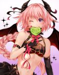  arm_strap astolfo_(fate) asymmetrical_gloves azaka_(rionrita) bangs bare_shoulders black_gloves black_ribbon black_skirt blush bow braid closed_mouth commentary_request cookie demon_horns demon_wings earrings fang fate/apocrypha fate_(series) food gloves gradient gradient_background hair_between_eyes hair_intakes hair_ribbon highres horns jewelry long_braid long_hair looking_at_viewer male_focus mouth_hold multicolored_hair navel one_eye_closed otoko_no_ko pink_bow pink_hair purple_eyes ribbon single_braid skirt smile solo sparkle wings 