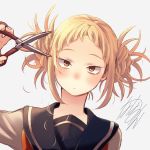  alternate_hairstyle blonde_hair boku_no_hero_academia brown_eyes cutting_hair double_bun looking_at_viewer messy_hair nanaminn school_uniform scissors serafuku short_hair solo toga_himiko upper_body 