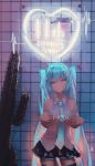  absurdres aqua_eyes aqua_hair aqua_neckwear bare_arms bare_shoulders black_legwear cactus closed_mouth detached_sleeves eyebrows_visible_through_hair glowing hair_ornament hairclip hands_on_own_chest hatsune_miku heart highres long_hair looking_at_viewer necktie neon_lights print_neckwear pulled_by_self skirt sleeveless smile solo thighhighs tifg39 tile_wall tiles twintails very_long_hair vocaloid x_hair_ornament 