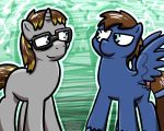  abstract_background big_eyes blue_ears blue_eyes blue_wings brown_hair brown_tail cutie_mark duo equine eye_contact eyewear fan_character feathered_wings feathers feral glasses green_background grey_ears grey_horn hair hooves horn male mammal my_little_pony pegasus pokehidden quadruped simple_background smile toony unicorn wings 