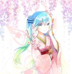  blue_eyes blue_hair emo_(ricemo) floating_hair flower gradient_hair green_hair hair_between_eyes hair_flower hair_ornament hand_in_hair hatsune_miku japanese_clothes kimono long_sleeves looking_at_viewer multicolored_hair obi pink_kimono racing_miku racing_miku_(2017) red_sash sash shiny shiny_hair smile solo twintails two-tone_hair upper_body vocaloid white_flower white_wings wide_sleeves wings wisteria yukata 