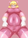  2018 blonde_hair breasts clothing crotch_focus dlrowdog female gloves hair mammal navel pussy rodent rubber solo squirrel stretchy yellow_eyes 