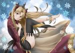  anklet asymmetrical_legwear black_dress black_legwear blonde_hair bow breasts cape diadem dress earrings ereshkigal_(fate/grand_order) eyebrows_visible_through_hair fate/grand_order fate_(series) floating_hair from_side hair_bow head_tilt jewelry long_hair looking_at_viewer orange-color parted_lips red_bow red_cape red_eyes short_dress single_thighhigh small_breasts solo thighhighs twintails very_long_hair 