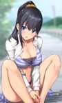  :o alternate_hairstyle bikini black_hair blue_eyes blush breasts cleavage collared_shirt commentary long_sleeves medium_breasts navel open_clothes open_mouth orange_scrunchie ponytail scrunchie shirt side-tie_bikini sitting solo ssss.gridman swimsuit takarada_rikka tiger_stripes tyone unbuttoned 