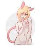  2019 anthro areola blonde_hair breasts female fur hair looking_at_viewer mammal midnight_arr mouse naughty_face nipples nude penelope_white rodent seductive simple_background smile solo white_fur 