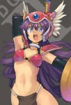  armor bangs bikini_armor blue_eyes choker commentary_request dragon_quest dragon_quest_iii elbow_gloves forehead_jewel gloves hair_between_eyes helmet long_hair open_mouth purple_hair red_armor shield shoulder_pads soldier_(dq3) solo weapon winged_helmet yuusuke_(5yusuke3) 