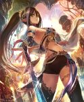  artist_request ass brown_hair cygames earrings gold_trim green_eyes indoors jewelry long_hair looking_at_viewer looking_back multicolored_hair official_art parted_lips pointy_ears ponytail revealing_clothes scabbard shadowverse sheath shorts solo sword temple thighhighs underworld_ruler_aisha weapon 
