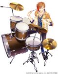  blue_footwear brown_eyes brown_hair company_name copyright_request cymbals dated drum drum_set drumsticks epaulettes hi-hat instrument jewelry male_focus necklace official_art orange_hair pants sitting solo stool white_background yukikana 