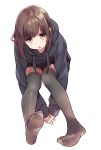  :o bangs between_legs black_jacket black_legwear blush brown_eyes brown_hair eyebrows eyebrows_visible_through_hair feet hand_between_legs highres hood hooded_jacket jacket long_sleeves medium_hair menhera open_mouth original pomu sidelocks solo swept_bangs thighhighs thighs 