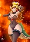  1girl armpits bare_shoulders black_legwear black_leotard blonde_hair blush bowsette bracelet breasts cleavage collar collarbone covered_navel detached_sleeves earrings fire grin horns impossible_clothes jewelry karuro-kun large_breasts leotard long_hair looking_at_viewer mario_(series) new_super_mario_bros._u_deluxe nintendo red_eyes sharp_teeth slit_pupils smile solo spiked_armlet spiked_bracelet spiked_collar spiked_tail spikes standing strapless super_crown teeth thighhighs 