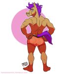  2017 5_fingers akimbo anthro back_muscles biceps blue_eyes clothed clothing equine hair horse looking_back male mammal muscular muscular_male purple_hair simple_background smile solo standing tarzimon tbonedraws topless underwear 