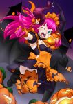  absurdres aesir apron asymmetrical_horns blue_eyes blush breasts commentary curled_horns demon_tail dragon_girl dragon_horns dress elizabeth_bathory_(fate)_(all) elizabeth_bathory_(halloween)_(fate) fate/grand_order fate_(series) frills halloween halloween_costume hat highres horns idol jack-o'-lantern long_hair looking_at_viewer maid maid_cap maid_headdress open_mouth pink_hair pointy_ears pumpkin smile solo tail thighhighs victorian_maid witch_hat 
