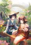  1girl absurdres alternate_form animal_ears bangs blunt_bangs blush boat bob_cut bridge brown_hair bug chinese_clothes closed_mouth commentary day dragonfly fish flower frilled_kimono frills green_eyes hair_flower hair_ornament hairband hat head_fins highres horizon insect insect_on_finger japanese_clothes kappa_(onmyoji) kimono koi_(onmyoji) leaf lily_pad long_sleeves looking_at_viewer lotus lotus_pod maccha_(mochancc) mermaid monster_girl obi onmyoji orange_hair outdoors parted_lips partially_submerged pink_flower purple_hair rainbow river rope sash short_hair short_hair_with_long_locks sidelocks sitting smile straw_hat sun_hat tassel tasuki water watercraft wide_sleeves yellow_eyes 