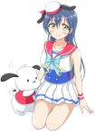  1girl animal_hat bangs blue_hair blush closed_mouth collarbone commentary_request cosplay dog_hat eyebrows_visible_through_hair hair_between_eyes hat highres long_hair looking_at_viewer love_live! love_live!_school_idol_project pleated_skirt pochacco sailor_collar sanrio seiza simple_background sitting skirt sleeveless smile sonoda_umi tetopetesone white_background white_skirt wristband yellow_eyes 