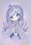  bangs blue_eyes blue_hair blush chibi cloak closed_mouth commentary_request cottontailtokki crown eyebrows_visible_through_hair full_body grey_cloak hair_ornament hairclip head_tilt highres long_hair mini_crown no_shoes original pantyhose sitting solo swept_bangs white_legwear x_hair_ornament 